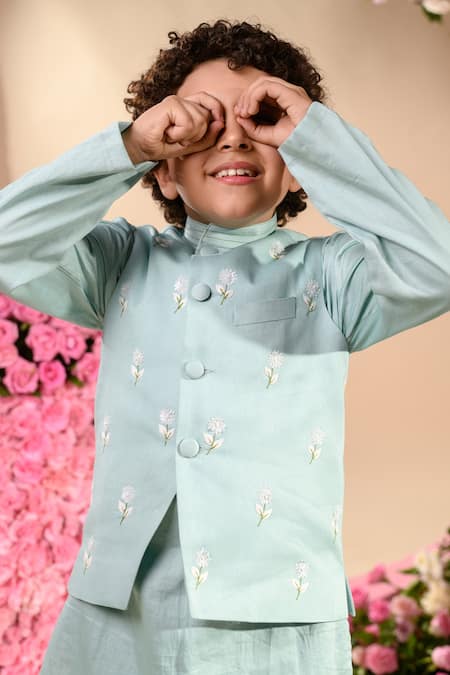 Littleens_Blue Velvet, Poplin Embroidery Celestial Thread Bundi _at_Aza_Fashions