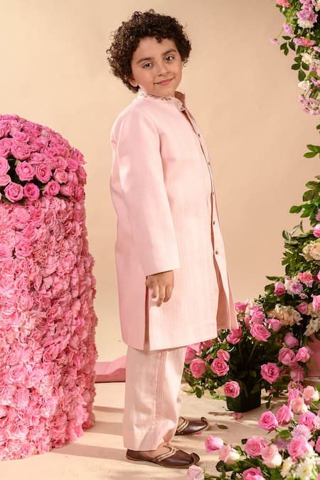 Littleens_Pink Cotton, Poplin Embroidery Farrokh Open Front Achkan _Online_at_Aza_Fashions