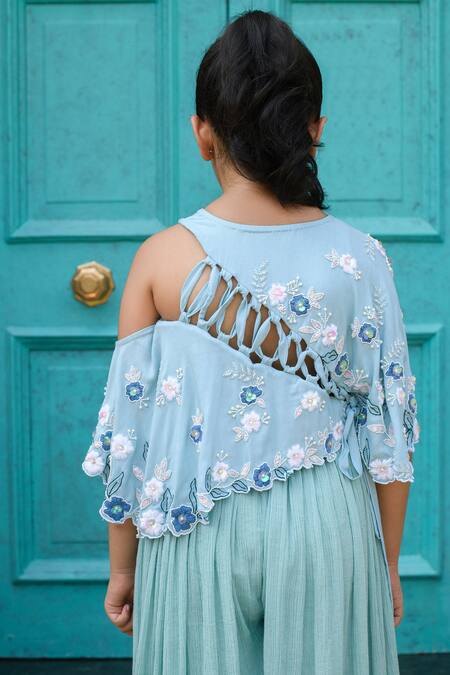 Littleens_Red Crepe, Cotton Embroidery Shirin Jumpsuit _at_Aza_Fashions