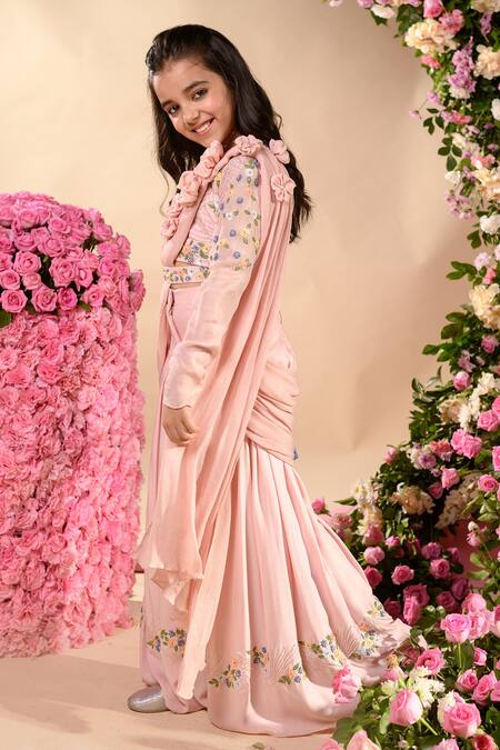 Littleens Pink Velvet, Chiffon, Chanderi Embroidery, Sequins, Golnaz Sharara Saree Set Online at Aza Fashions Littleens_Pink Velvet, Chiffon, Chanderi Embroidery, Sequins, Golnaz Sharara Saree Set _Online_at_Aza_Fashions