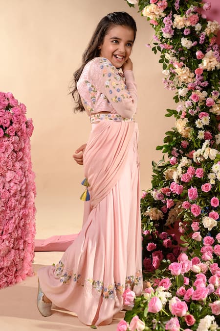 Buy Littleens Pink Velvet, Chiffon, Chanderi Embroidery, Sequins, Golnaz Sharara Saree Set Online at Aza Fashions Buy_Littleens_Pink Velvet, Chiffon, Chanderi Embroidery, Sequins, Golnaz Sharara Saree Set _Online_at_Aza_Fashions