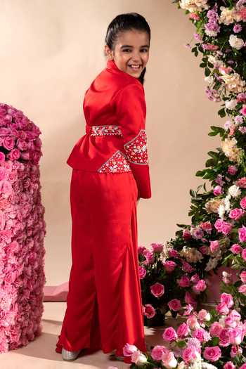 Buy_Littleens_Red Satin, Cotton Pearls, Bows, Beads Kyra Embroidered Blazer And Sharara Set _Online_at_Aza_Fashions