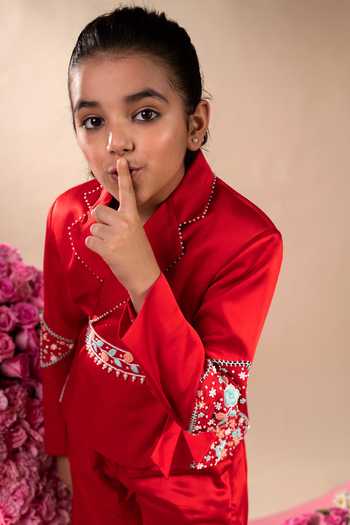 Shop_Littleens_Red Satin, Cotton Pearls, Bows, Beads Kyra Embroidered Blazer And Sharara Set _Online_at_Aza_Fashions