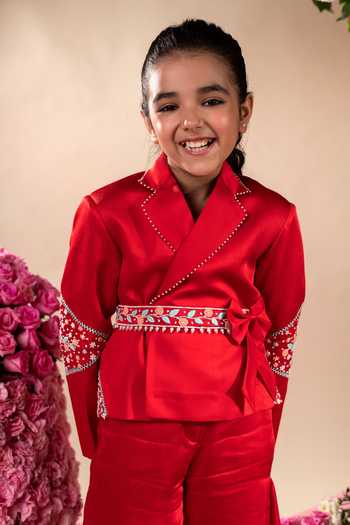 Littleens_Red Satin, Cotton Pearls, Bows, Beads Kyra Embroidered Blazer And Sharara Set _at_Aza_Fashions