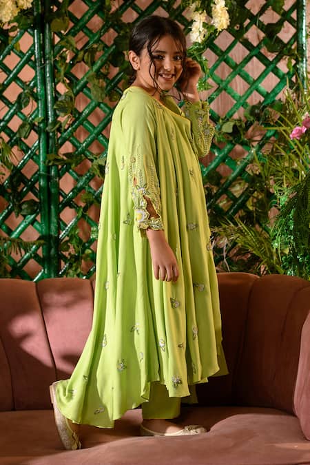 Littleens_Green Voile, Viscose Embroidery, Beads Viviana Angarkha And Pant Set _Online_at_Aza_Fashions