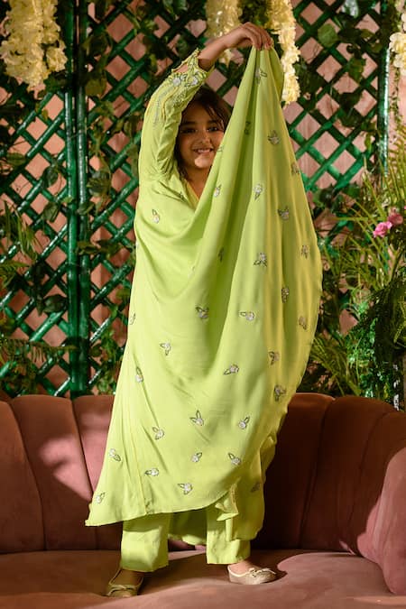 Buy_Littleens_Green Voile, Viscose Embroidery, Beads Viviana Angarkha And Pant Set _Online_at_Aza_Fashions