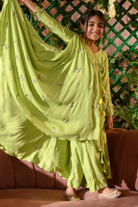 Shop_Littleens_Green Voile, Viscose Embroidery, Beads Viviana Angarkha And Pant Set _Online_at_Aza_Fashions