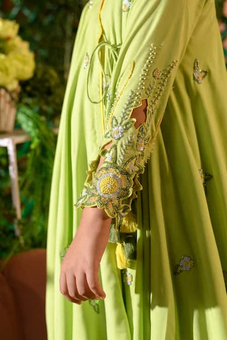 Littleens_Green Voile, Viscose Embroidery, Beads Viviana Angarkha And Pant Set _at_Aza_Fashions