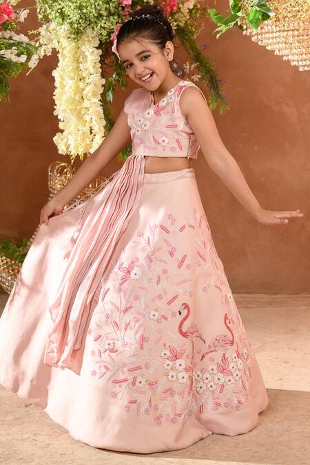 Littleens_Pink Velvet, Silk Embroidery, Beads Ziva Lehenga And Blouse Set _Online_at_Aza_Fashions