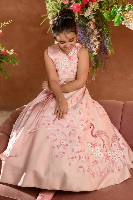 Shop_Littleens_Pink Velvet, Silk Embroidery, Beads Ziva Lehenga And Blouse Set _Online_at_Aza_Fashions