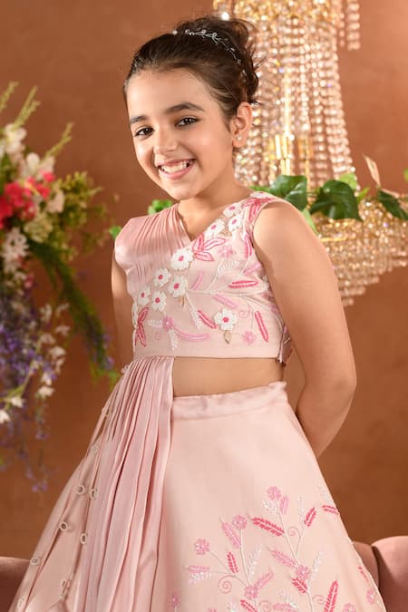 Littleens_Pink Velvet, Silk Embroidery, Beads Ziva Lehenga And Blouse Set _at_Aza_Fashions
