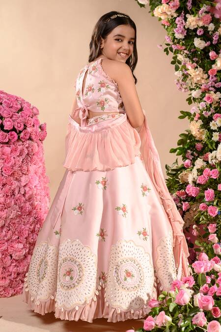 Shop_Littleens_Pink Chanderi, Silk, Satin, Chiffon Sequins, Beads, Gulzar Lehenga Set _Online_at_Aza_Fashions