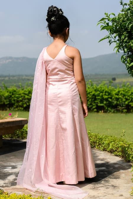 Shop Littleens Pink Satin, Organza, Cotton Embroidery Delilah Mermaid Gown at Aza Fashions Shop_Littleens_Pink Satin, Organza, Cotton Embroidery Delilah Mermaid Gown _at_Aza_Fashions