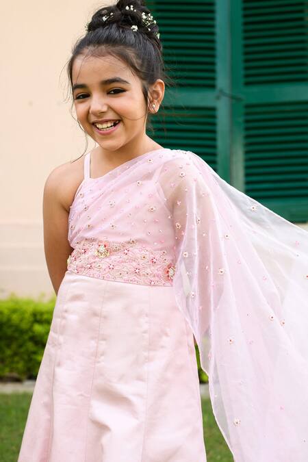 Littleens Pink Satin, Organza, Cotton Embroidery Delilah Mermaid Gown at Aza Fashions Littleens_Pink Satin, Organza, Cotton Embroidery Delilah Mermaid Gown _at_Aza_Fashions