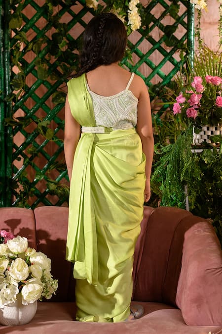 Shop Littleens Green Satin, Cotton, Silk Beads Sonobar Saree Embroidered Blouse Set at Aza Fashions Shop_Littleens_Green Satin, Cotton, Silk Beads Sonobar Saree Embroidered Blouse Set _at_Aza_Fashions