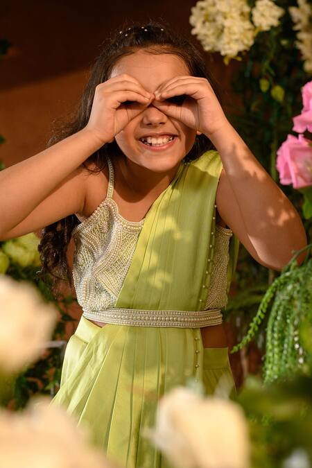 Littleens Green Satin, Cotton, Silk Beads Sonobar Saree Embroidered Blouse Set at Aza Fashions Littleens_Green Satin, Cotton, Silk Beads Sonobar Saree Embroidered Blouse Set _at_Aza_Fashions