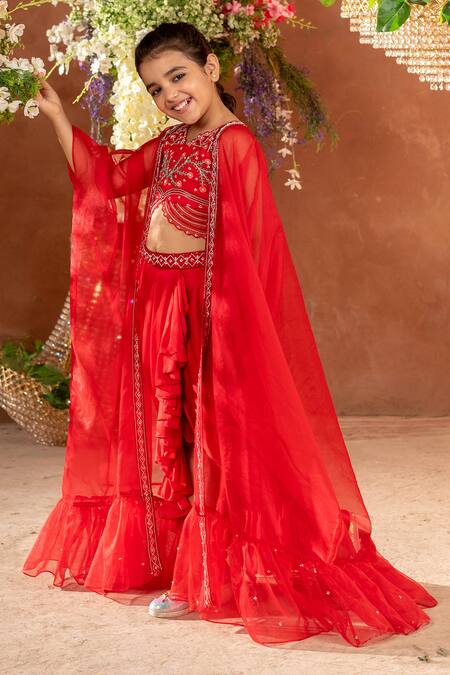 Littleens_Red Satin, Cotton Embroidery Husnara Cape Skirt Set _Online_at_Aza_Fashions