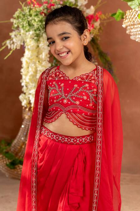 Buy_Littleens_Red Satin, Cotton Embroidery Husnara Cape Skirt Set _Online_at_Aza_Fashions