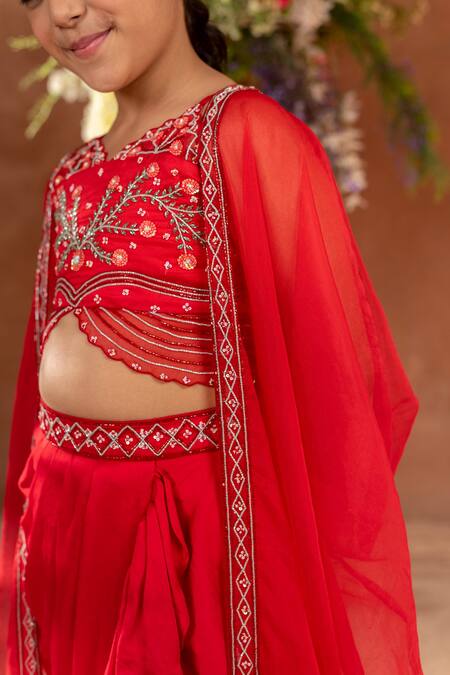 Shop_Littleens_Red Satin, Cotton Embroidery Husnara Cape Skirt Set _Online_at_Aza_Fashions