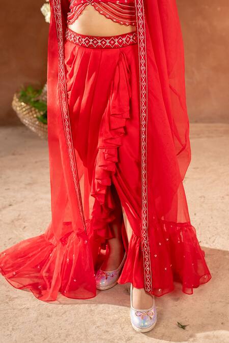 Littleens_Red Satin, Cotton Embroidery Husnara Cape Skirt Set _at_Aza_Fashions
