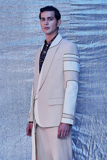 Shop_Line Out Line_Cream Cotton Embroidered Patch Work And Piping Color Black Tie-up Blazer_Online_at_Aza_Fashions