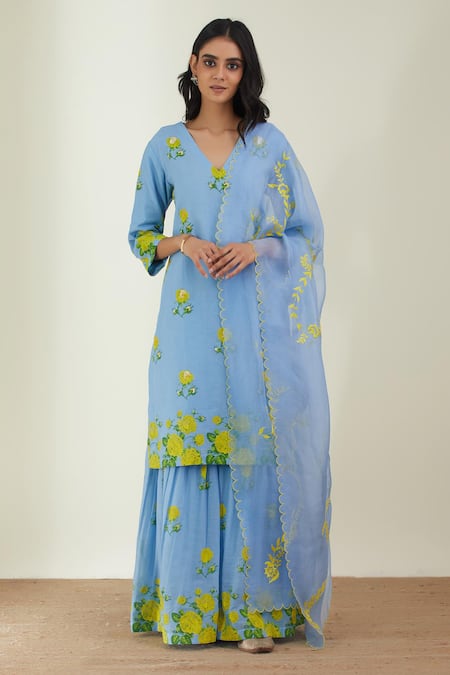 Label Earthen Blue Cotton Mul Embroidery V Neck Printed Sharara And Kurta Set 