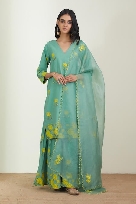 Label Earthen Green Cotton Mul Dupatta Organza Silk Embroidery V Printed Sharara And Kurta Set 