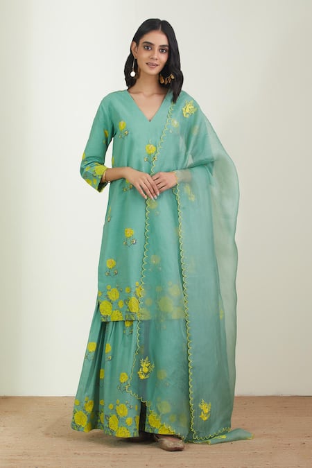 Shop_Label Earthen_Green Cotton Mul Dupatta Organza Silk V Neck Printed Sharara And Kurta Set _Online_at_Aza_Fashions