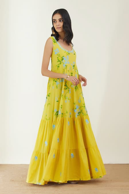 Label Earthen_Yellow Cotton Embroidery Floral Tiered Maxi Dress For Kids_Online_at_Aza_Fashions