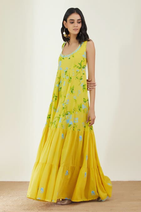 Buy_Label Earthen_Yellow Cotton Embroidery Floral Tiered Maxi Dress For Kids_Online_at_Aza_Fashions