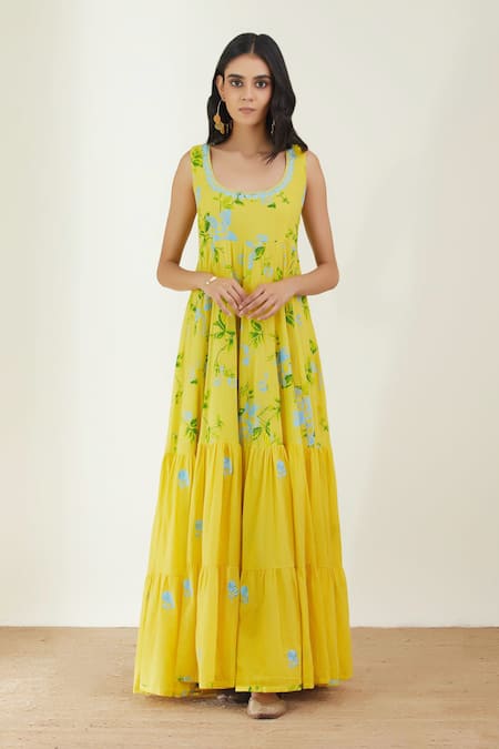 Shop_Label Earthen_Yellow Cotton Embroidery Floral Tiered Maxi Dress For Kids_Online_at_Aza_Fashions
