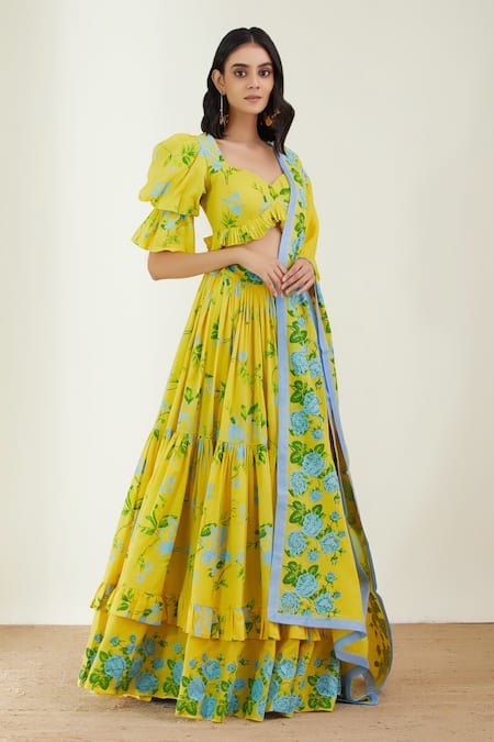 Label Earthen_Yellow Cotton Mul Sweetheart Neck Printed Ruffle Lehenga Set _Online_at_Aza_Fashions