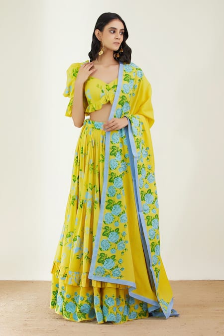 Buy_Label Earthen_Yellow Cotton Mul Sweetheart Neck Printed Ruffle Lehenga Set _Online_at_Aza_Fashions