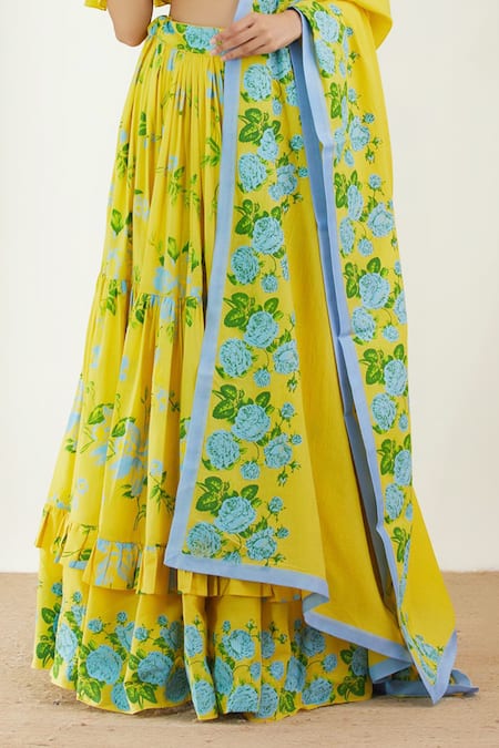 Shop_Label Earthen_Yellow Cotton Mul Sweetheart Neck Printed Ruffle Lehenga Set _Online_at_Aza_Fashions