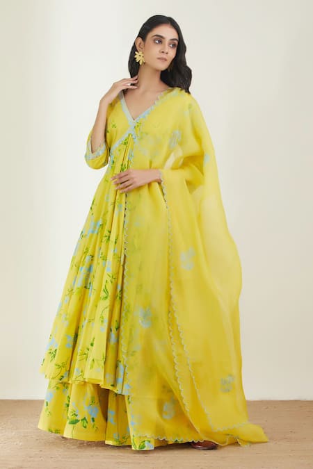 Shop_Label Earthen_Yellow Cotton Mul Dupatta Organza Silk V Neck Printed Anarkali And Palazzo Set _Online_at_Aza_Fashions