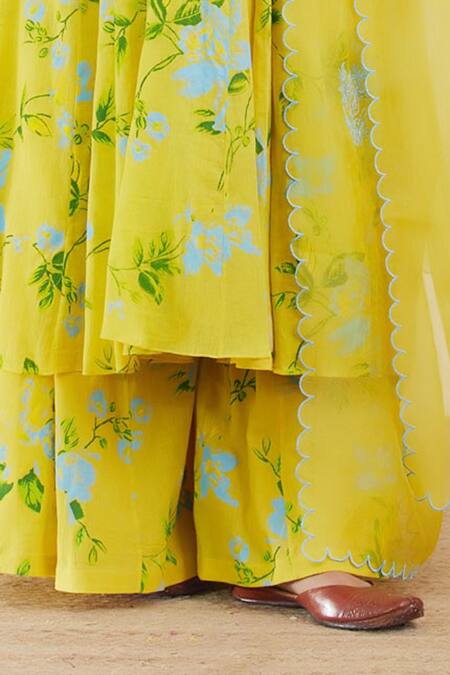 Label Earthen_Yellow Cotton Mul Dupatta Organza Silk V Neck Printed Anarkali And Palazzo Set _at_Aza_Fashions