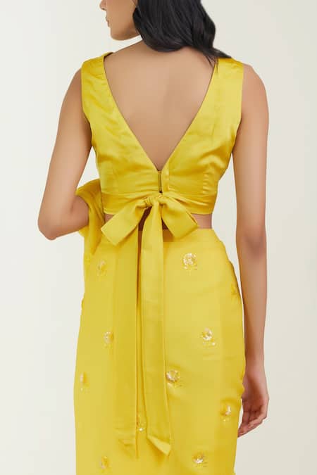 Shop Label Earthen Yellow Saree Chiffon Blouse Satin Silk V Neck Embroidered With at Aza Fashions Shop_Label Earthen_Yellow Saree Chiffon Blouse Satin Silk V Neck Embroidered With _at_Aza_Fashions