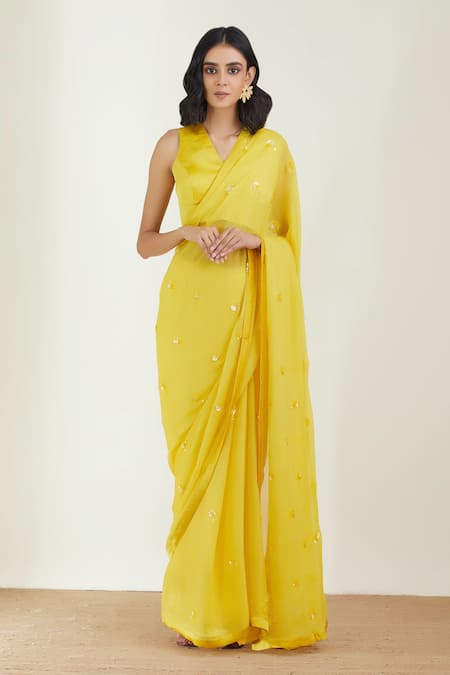 Buy Label Earthen Yellow Saree Chiffon Blouse Satin Silk V Neck Embroidered With Online at Aza Fashions Buy_Label Earthen_Yellow Saree Chiffon Blouse Satin Silk V Neck Embroidered With _Online_at_Aza_Fashions