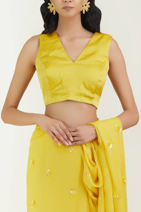 Shop Label Earthen Yellow Saree Chiffon Blouse Satin Silk V Neck Embroidered With Online at Aza Fashions Shop_Label Earthen_Yellow Saree Chiffon Blouse Satin Silk V Neck Embroidered With _Online_at_Aza_Fashions