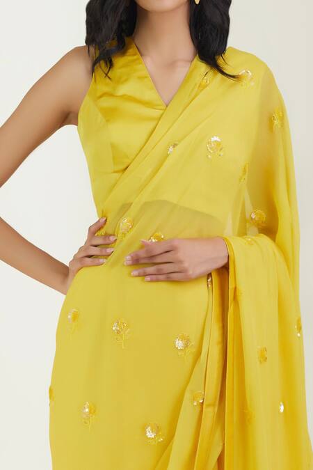 Label Earthen Yellow Saree Chiffon Blouse Satin Silk V Neck Embroidered With at Aza Fashions Label Earthen_Yellow Saree Chiffon Blouse Satin Silk V Neck Embroidered With _at_Aza_Fashions