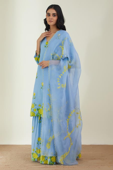 Buy_Label Earthen_Blue Cotton Mul V Neck Printed Sharara And Kurta Set _Online_at_Aza_Fashions