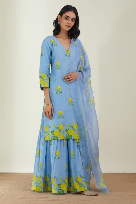 Shop_Label Earthen_Blue Cotton Mul V Neck Printed Sharara And Kurta Set _Online_at_Aza_Fashions
