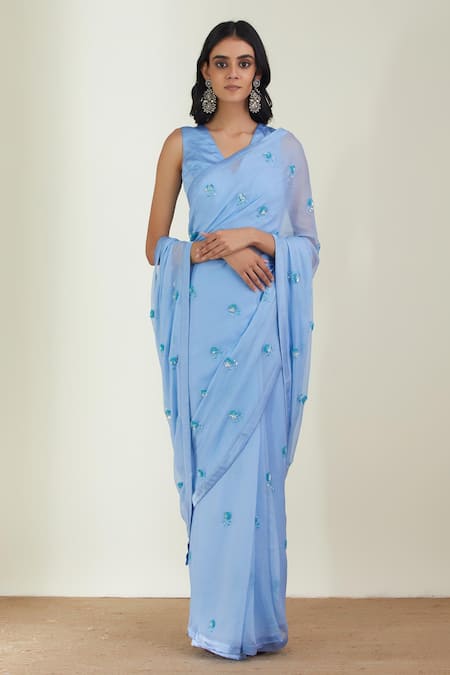 Label Earthen Blue Saree Chiffon Blouse Satin Silk Embroidery V Neck With 