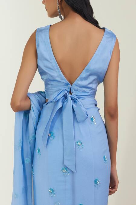 Shop Label Earthen Blue Saree Chiffon Blouse Satin Silk V Neck Embroidered With at Aza Fashions Shop_Label Earthen_Blue Saree Chiffon Blouse Satin Silk V Neck Embroidered With _at_Aza_Fashions
