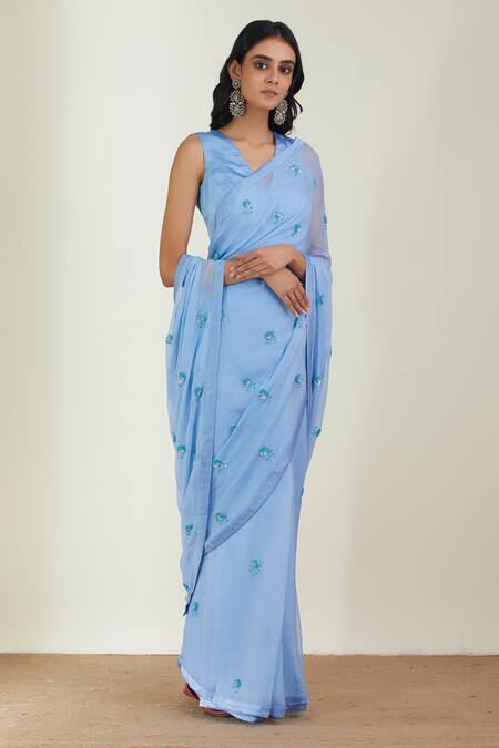 Label Earthen Blue Saree Chiffon Blouse Satin Silk V Neck Embroidered With Online at Aza Fashions Label Earthen_Blue Saree Chiffon Blouse Satin Silk V Neck Embroidered With _Online_at_Aza_Fashions