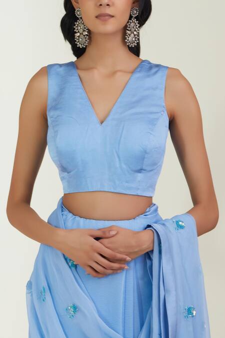 Shop Label Earthen Blue Saree Chiffon Blouse Satin Silk V Neck Embroidered With Online at Aza Fashions Shop_Label Earthen_Blue Saree Chiffon Blouse Satin Silk V Neck Embroidered With _Online_at_Aza_Fashions