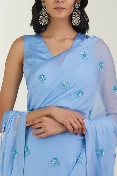Label Earthen Blue Saree Chiffon Blouse Satin Silk V Neck Embroidered With at Aza Fashions Label Earthen_Blue Saree Chiffon Blouse Satin Silk V Neck Embroidered With _at_Aza_Fashions
