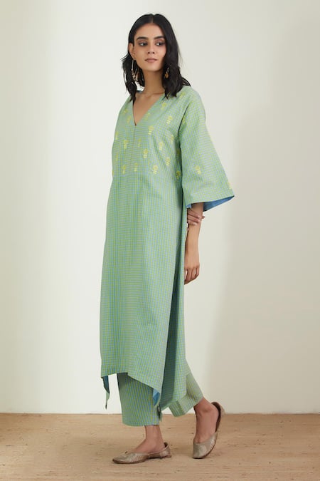 Buy_Label Earthen_Green Cotton Embroidery Sage Kurta Set For Kids_Online_at_Aza_Fashions