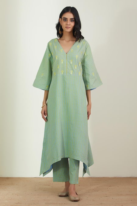 Shop_Label Earthen_Green Cotton Embroidery Sage Kurta Set For Kids_Online_at_Aza_Fashions