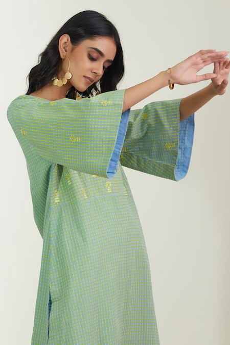 Label Earthen_Green Cotton Embroidery Sage Kurta Set For Kids_at_Aza_Fashions
